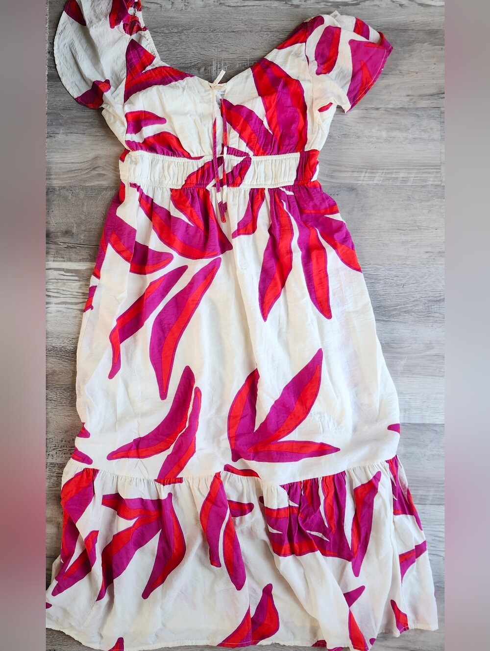 Nine West Tropical Print Maxi Dress Large Pink Red Cream Puff Sleeve